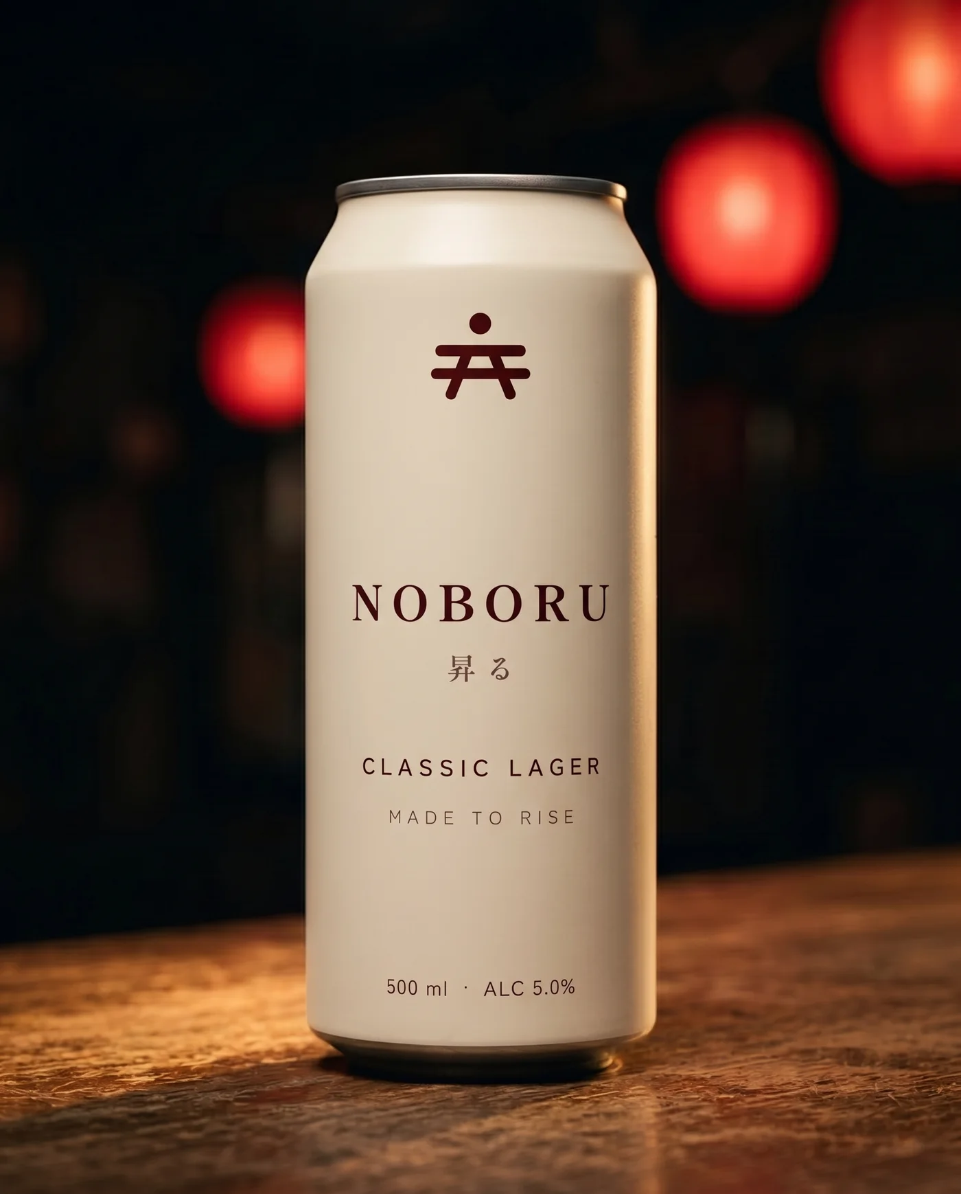 Noboru Classic lager, 500 ml can in cream, in an izakaya setting