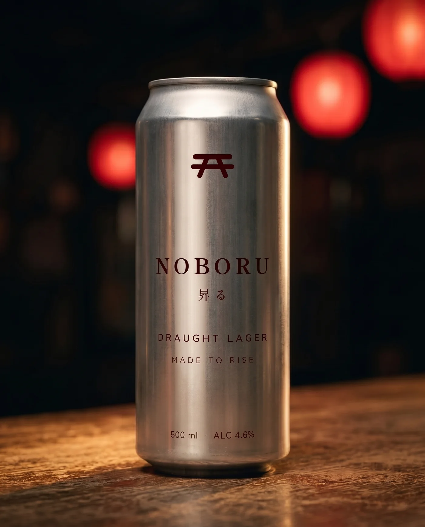 Noboru Draught lager, 500 ml can in bare aluminium, in an izakaya setting