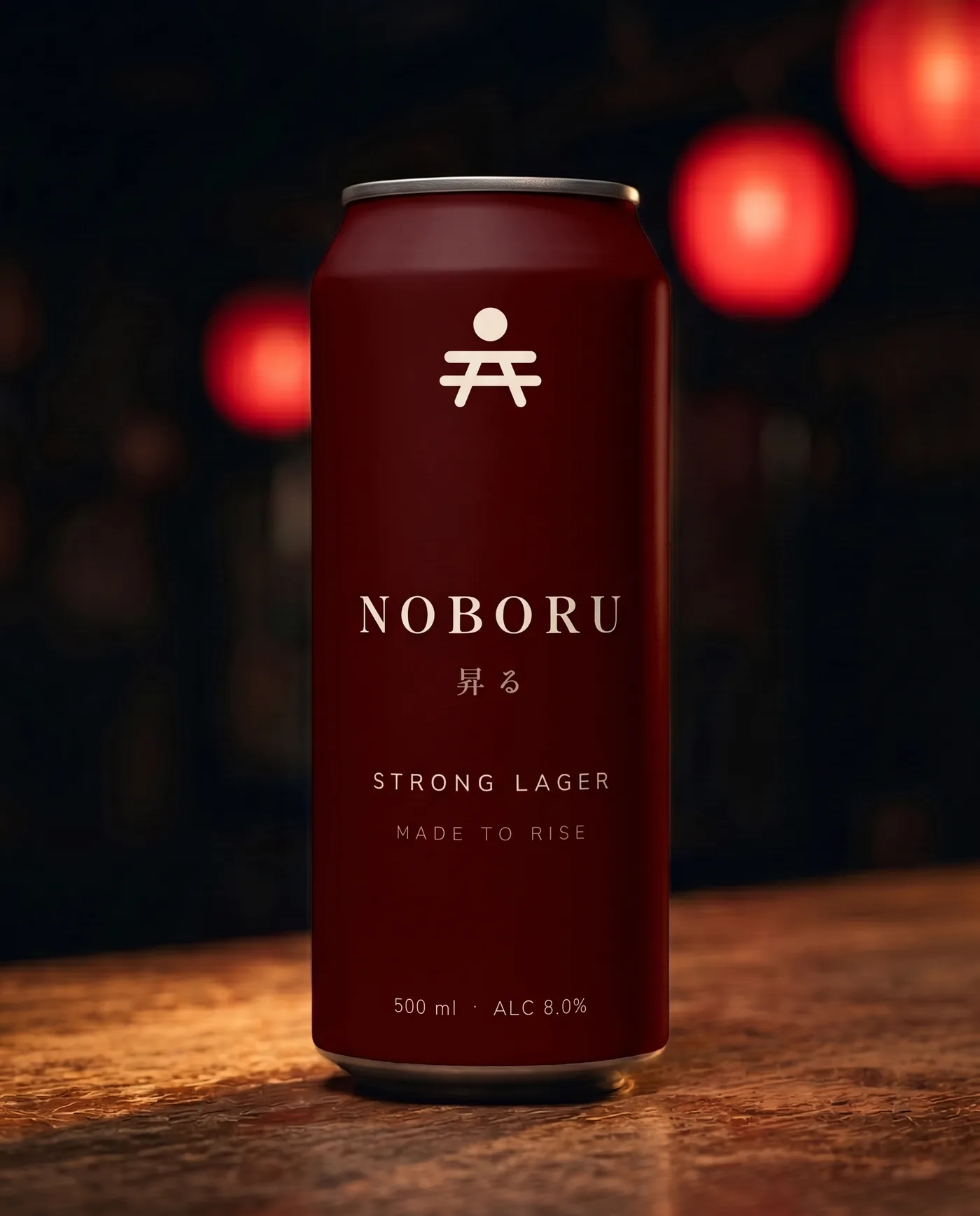 Noboru Strong lager, 500 ml can in oxblood, in an izakaya setting